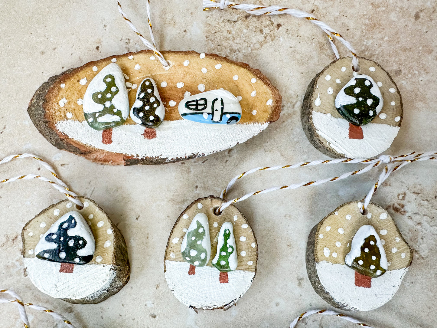 Sea glass and sea pottery wood slice ornaments