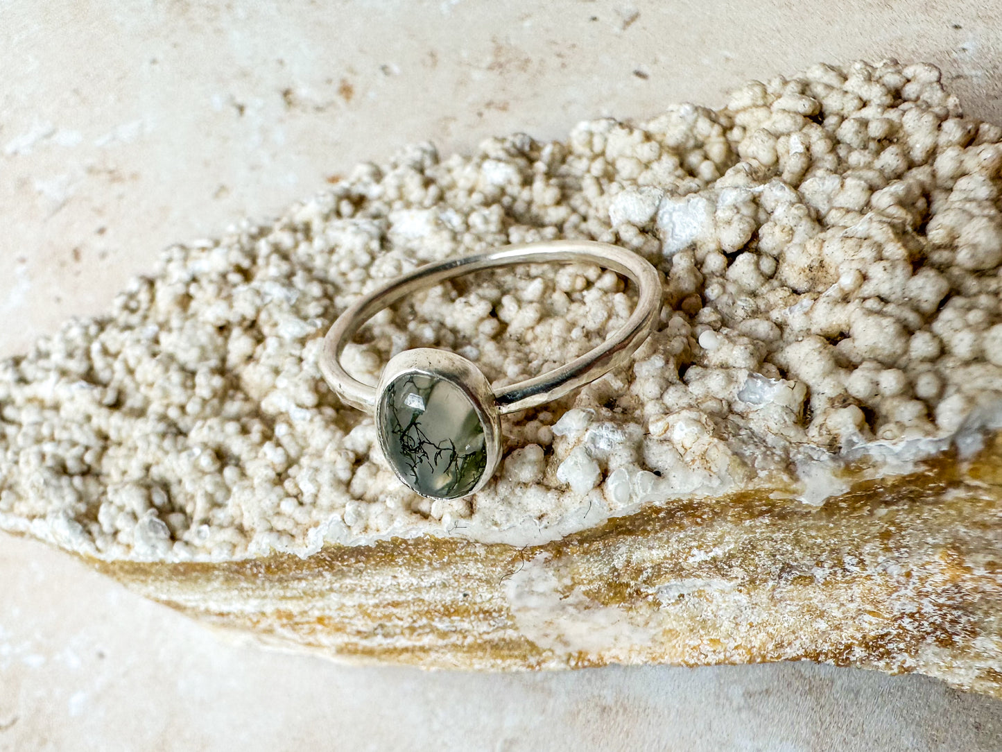 “Sea grass in clear waters” moss agate ring, size R