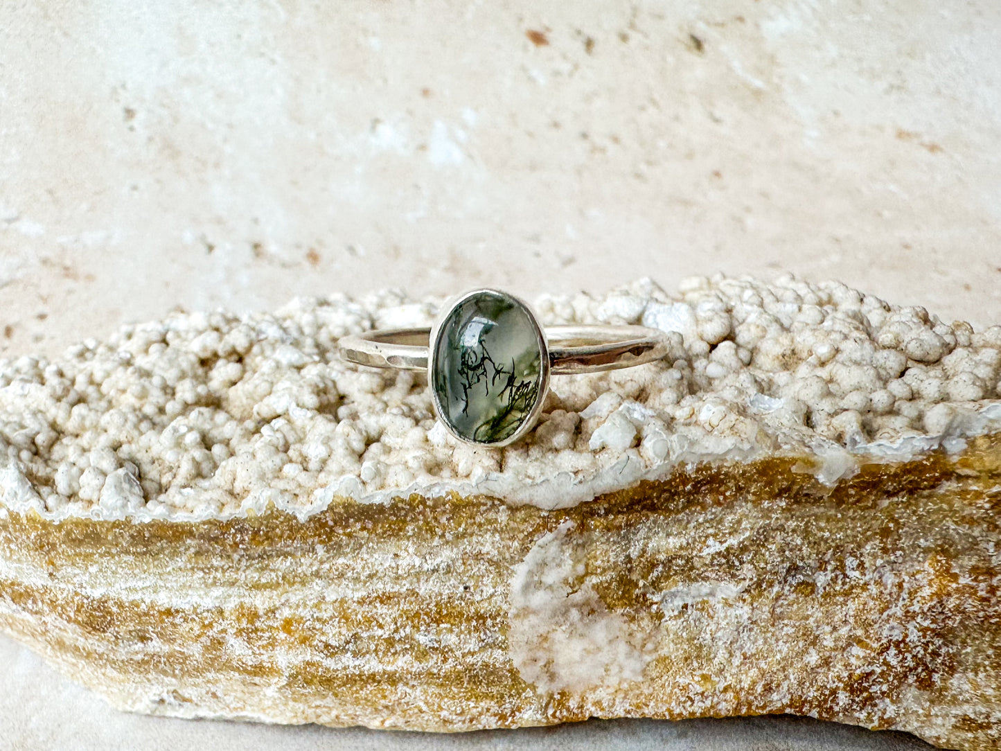 “Sea grass in clear waters” moss agate ring, size R