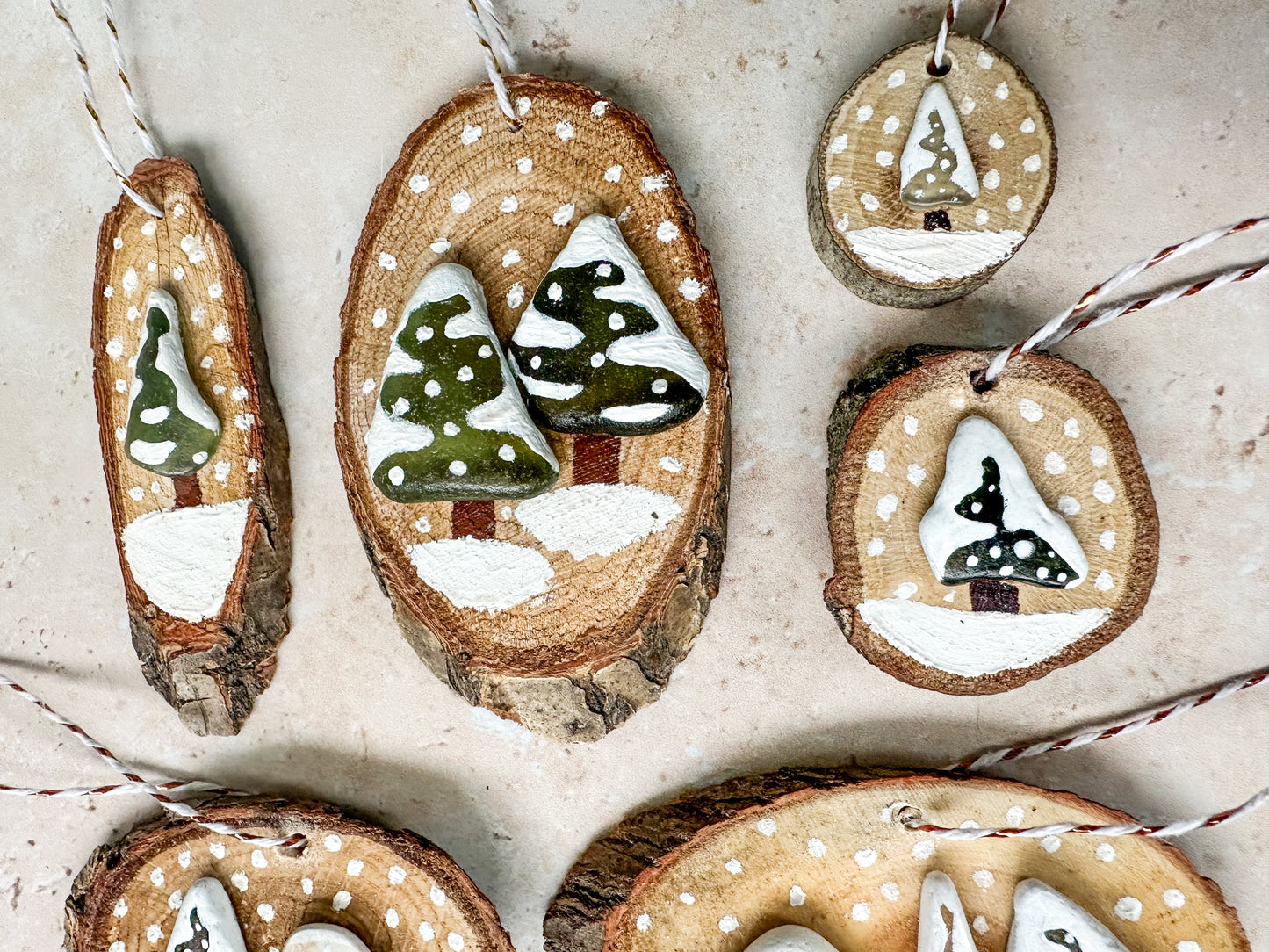 Sea glass and sea pottery wood slice ornaments