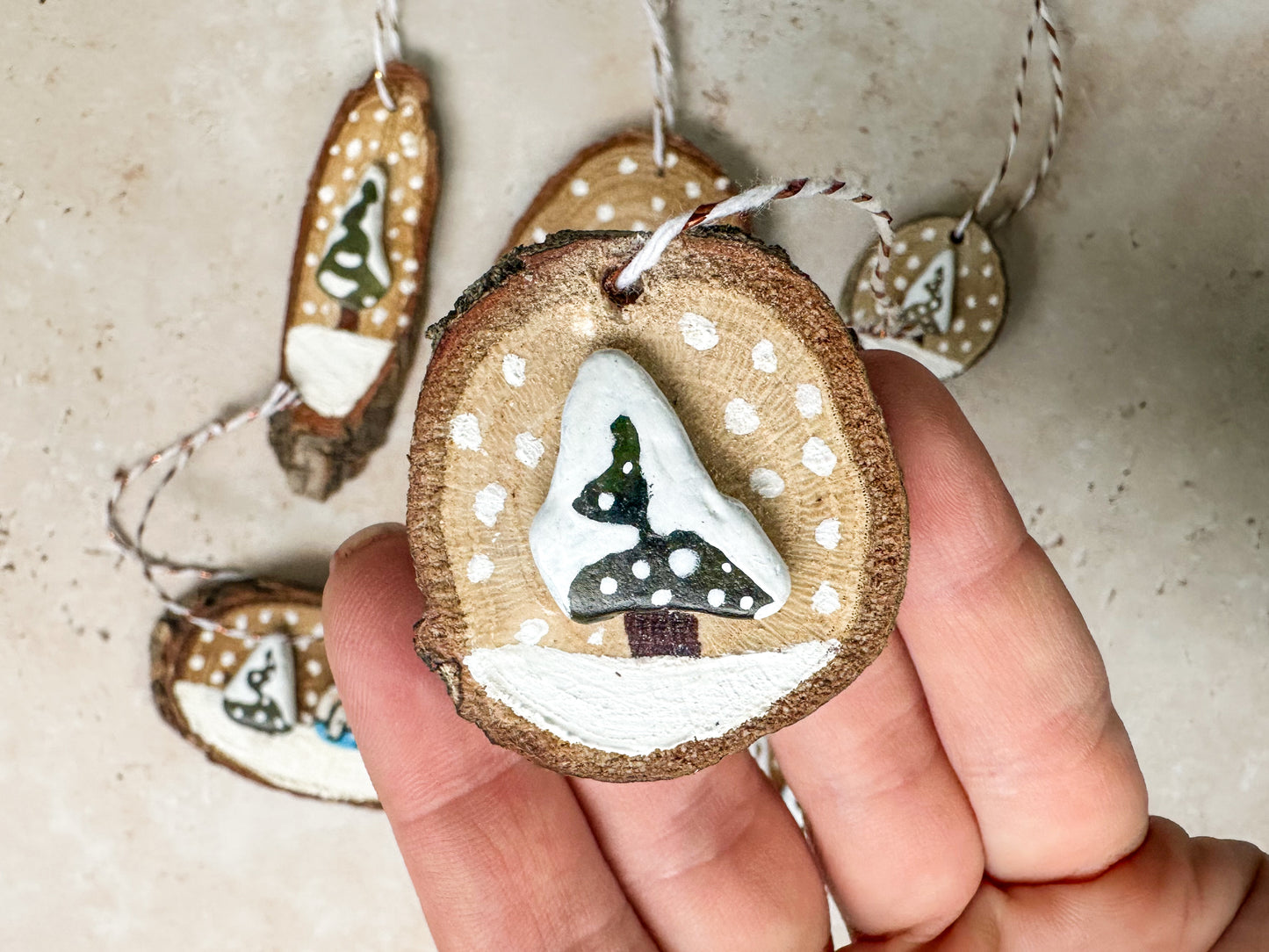 Sea glass and sea pottery wood slice ornaments