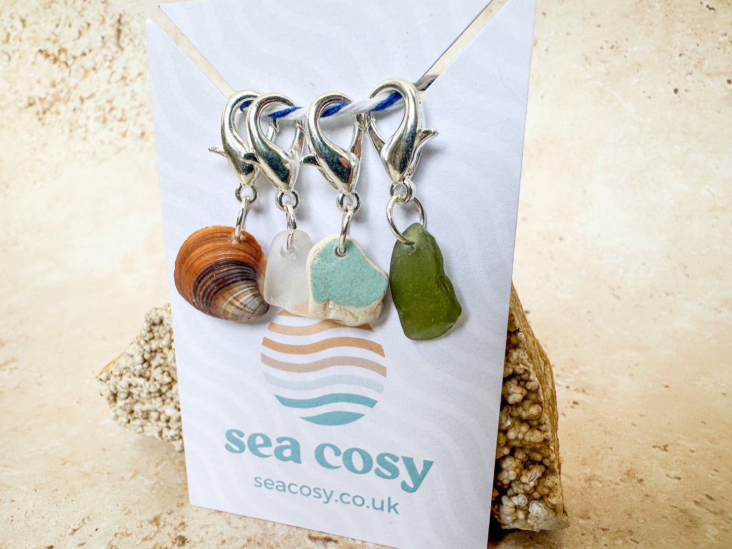 Sea glass, sea pottery and sea shell crochet stitch markers