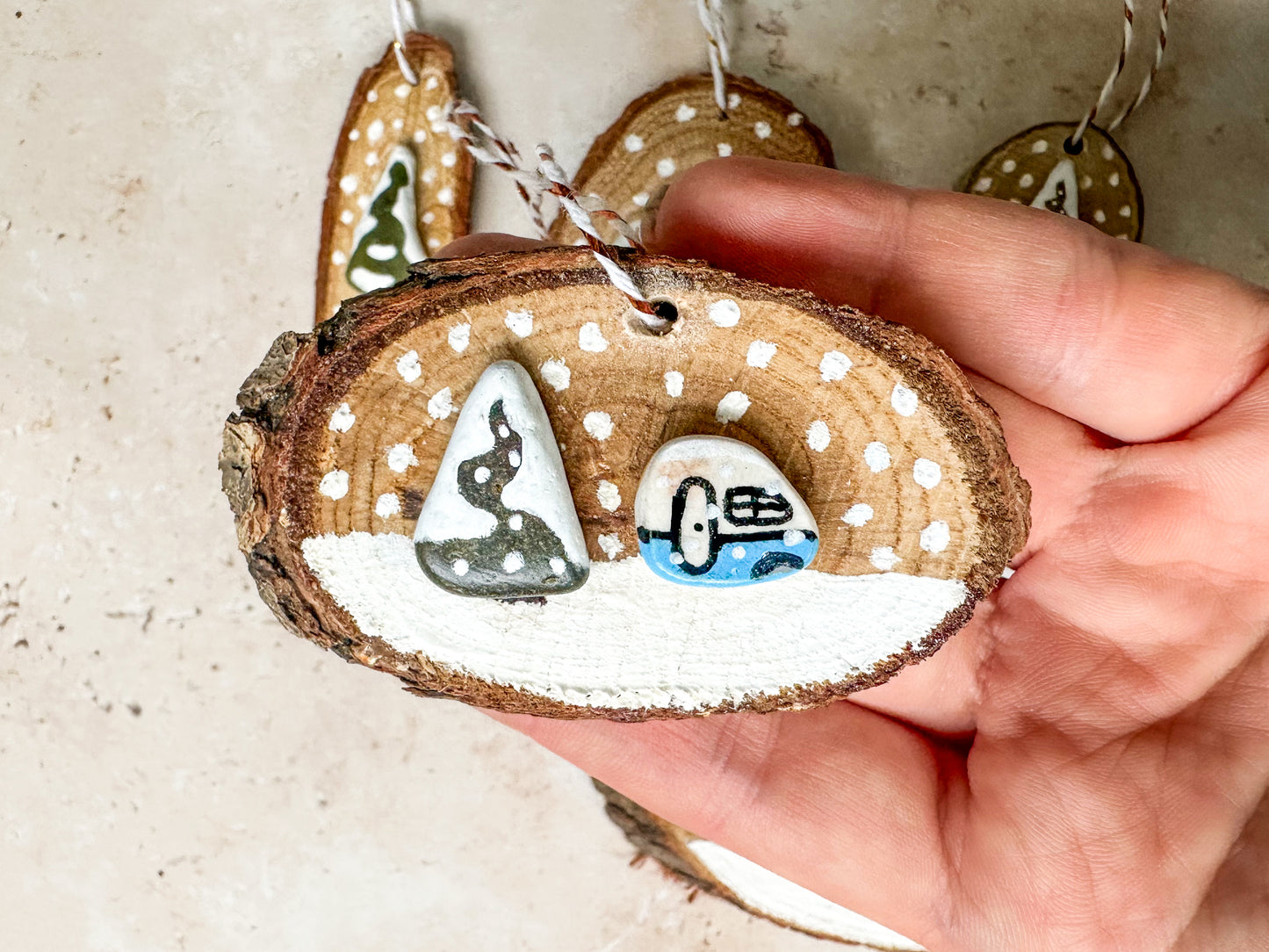 Sea glass and sea pottery wood slice ornaments