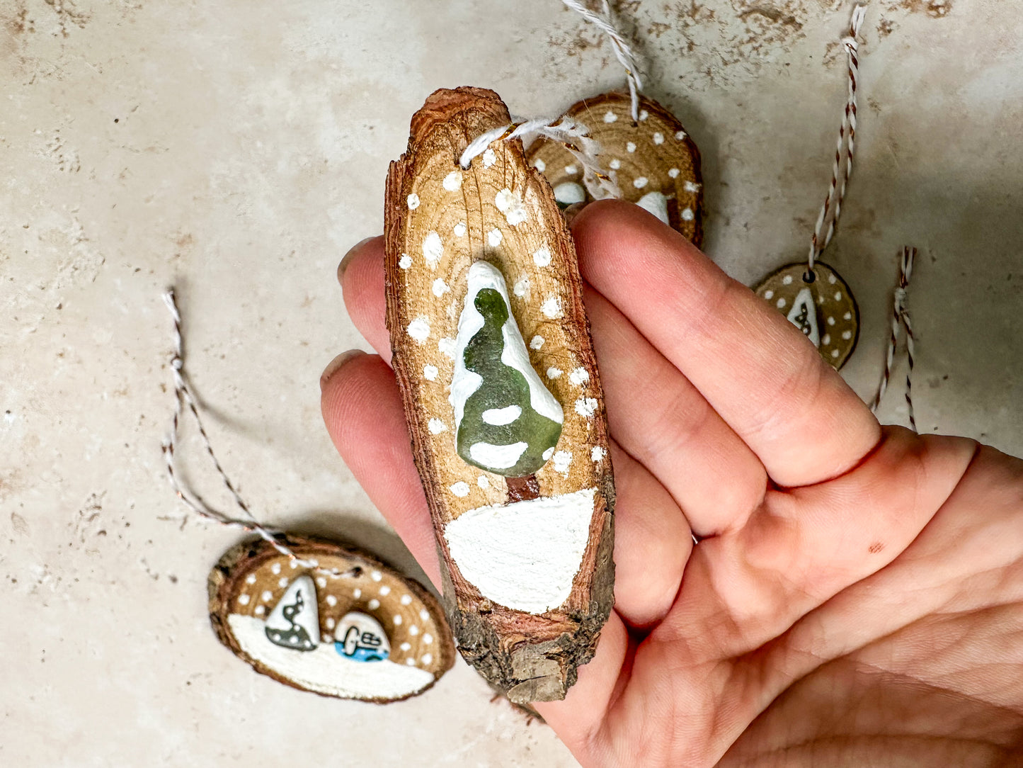 Sea glass and sea pottery wood slice ornaments