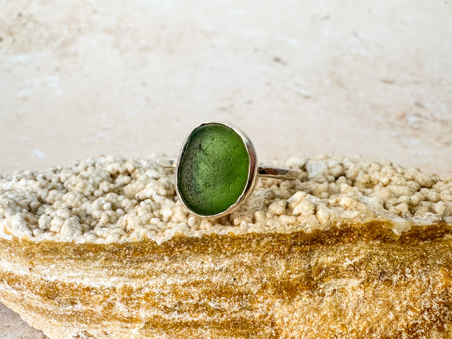 Green sea glass ring size P