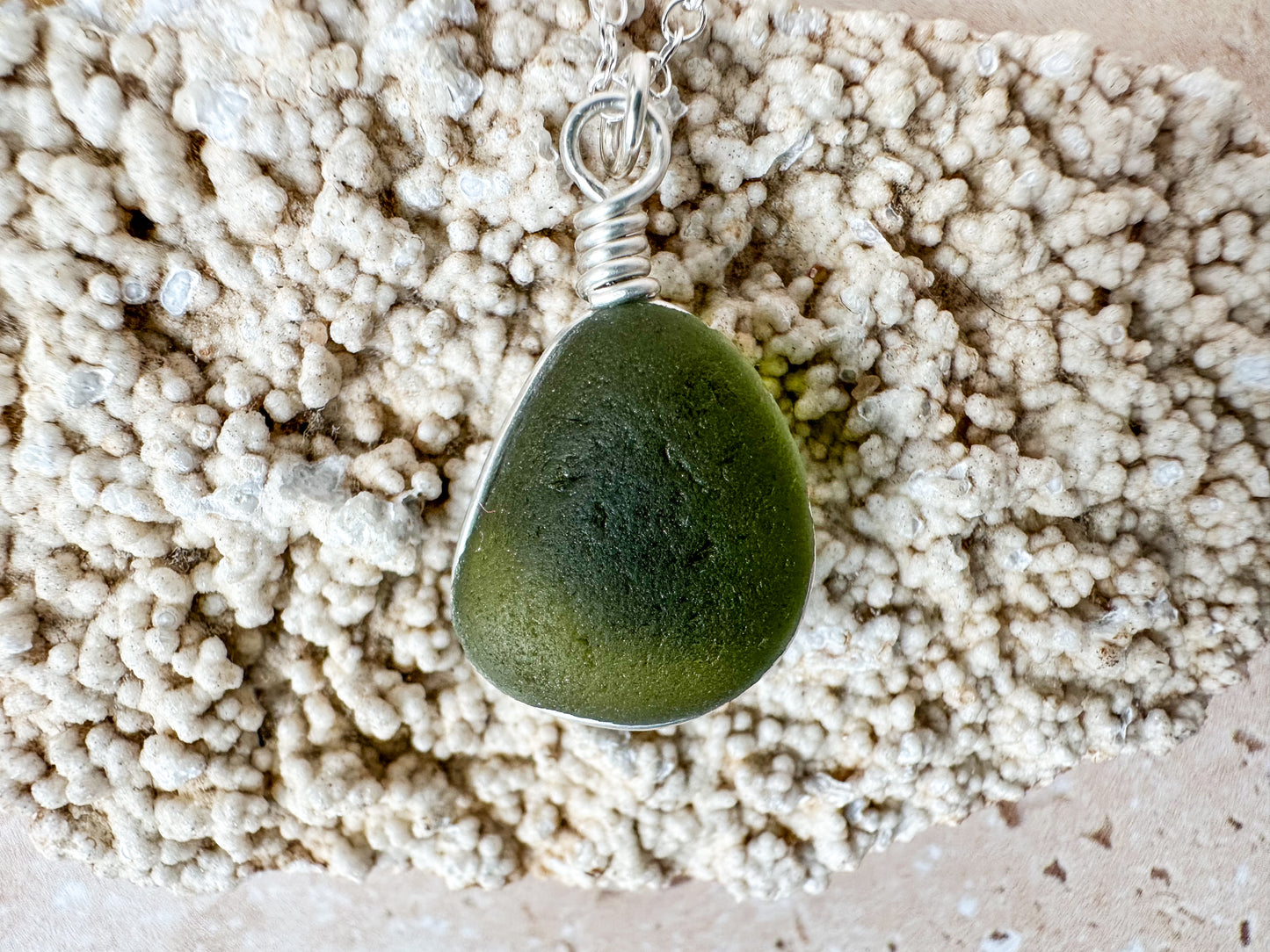 Olive green sea glass necklace pendant