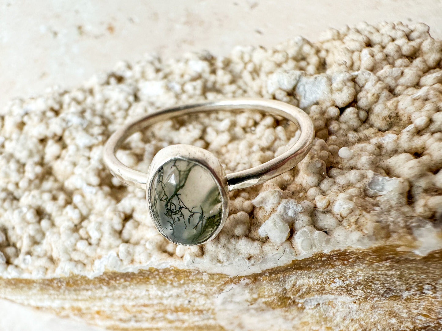 “Sea grass in clear waters” moss agate ring, size R