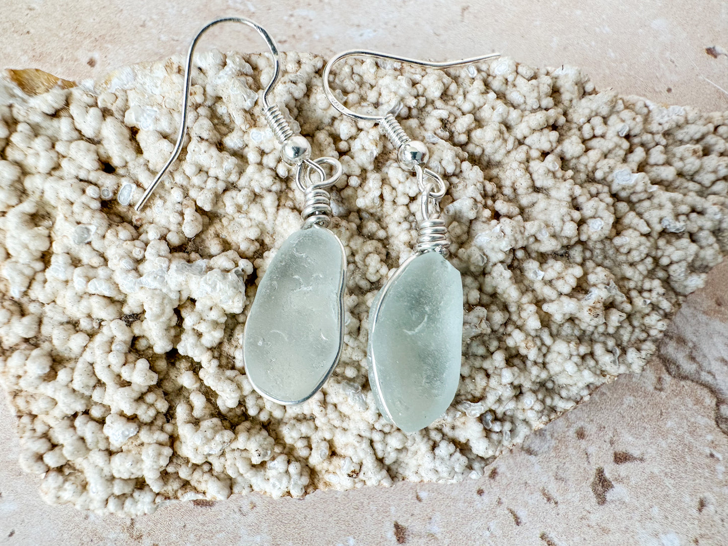 Pale seafoam sea glass sterling silver earrings