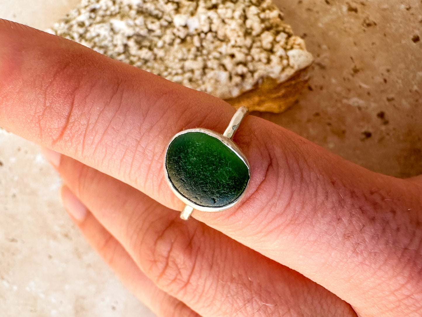 Green sea glass ring size P