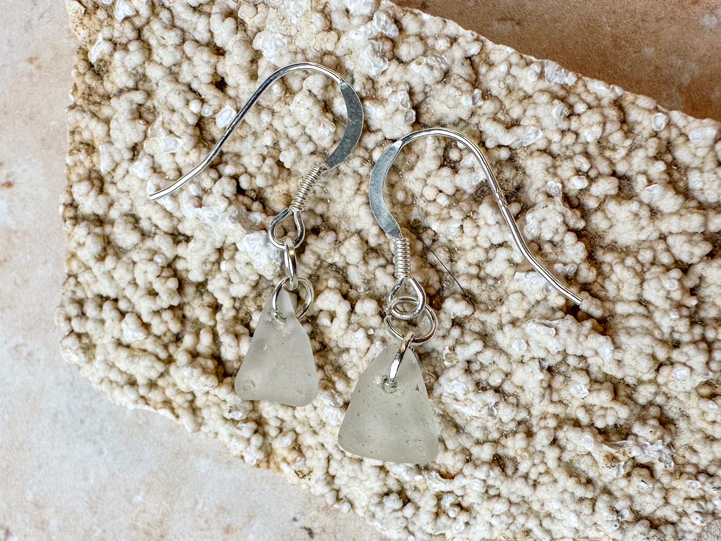 White dangly sea glass earrings