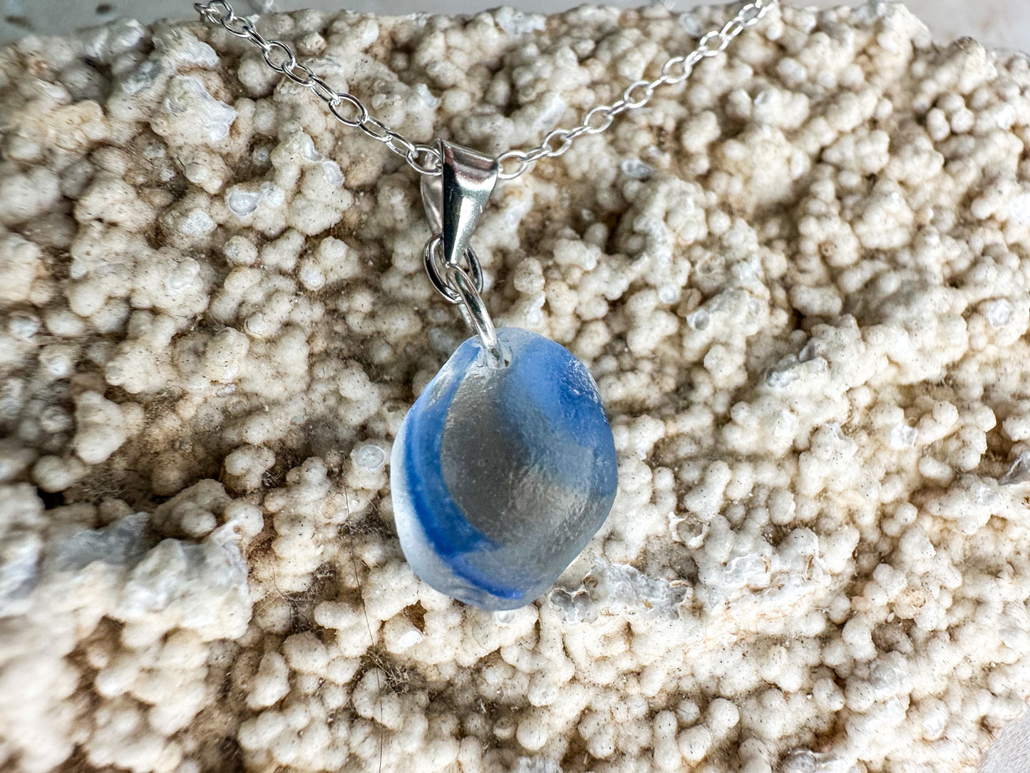 Rare clear & light blue sea glass pendant – Genuine Seaham multi sea glass