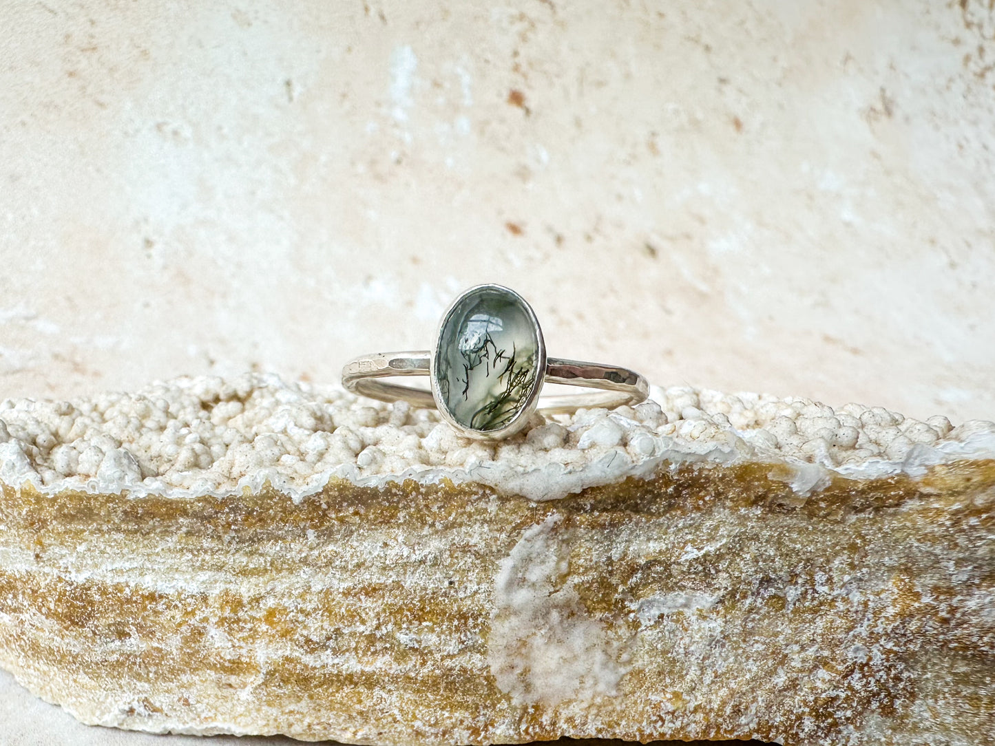 “Sea grass in clear waters” moss agate ring, size R