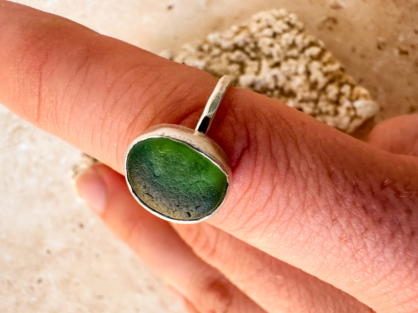 Green sea glass ring size P