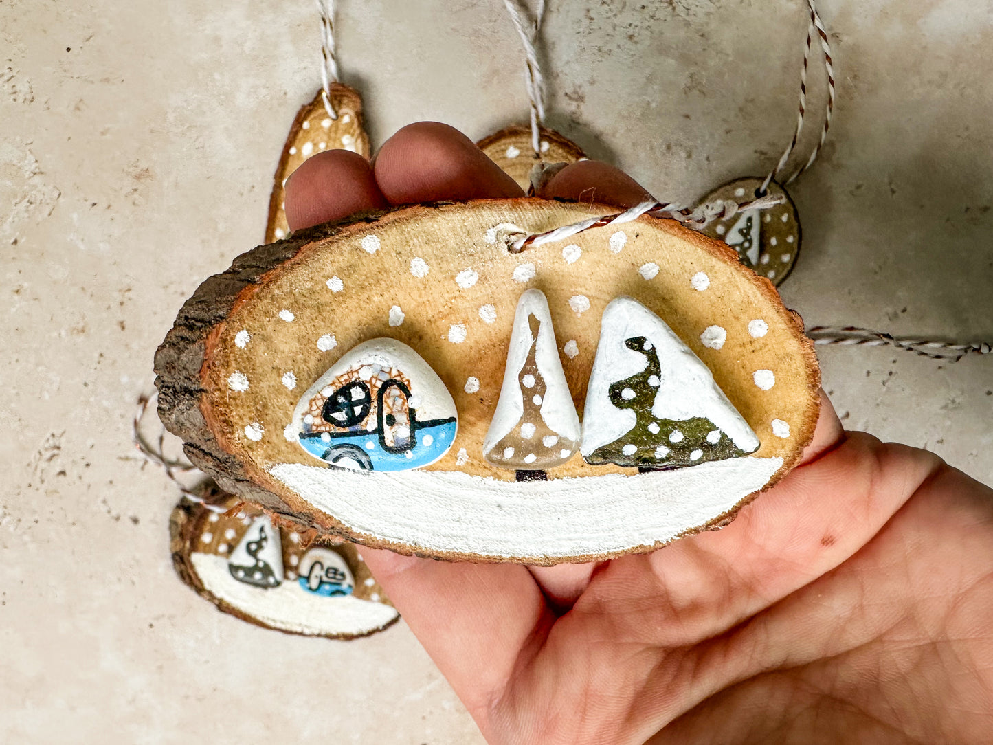 Sea glass and sea pottery wood slice ornaments
