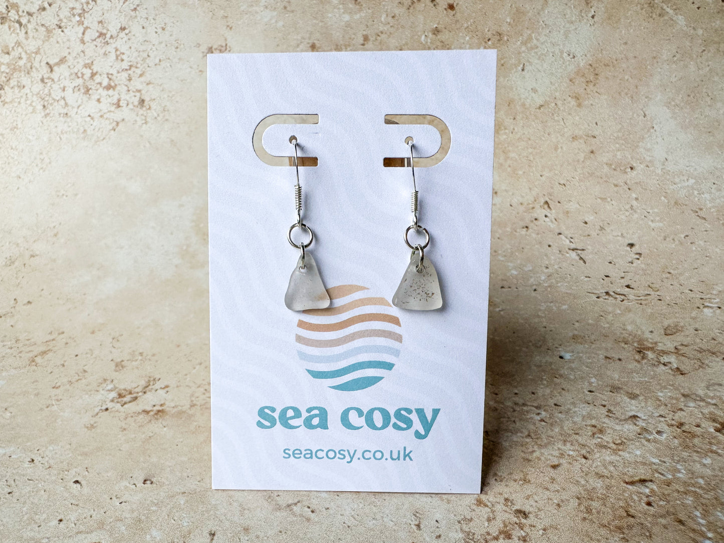 White dangly sea glass earrings