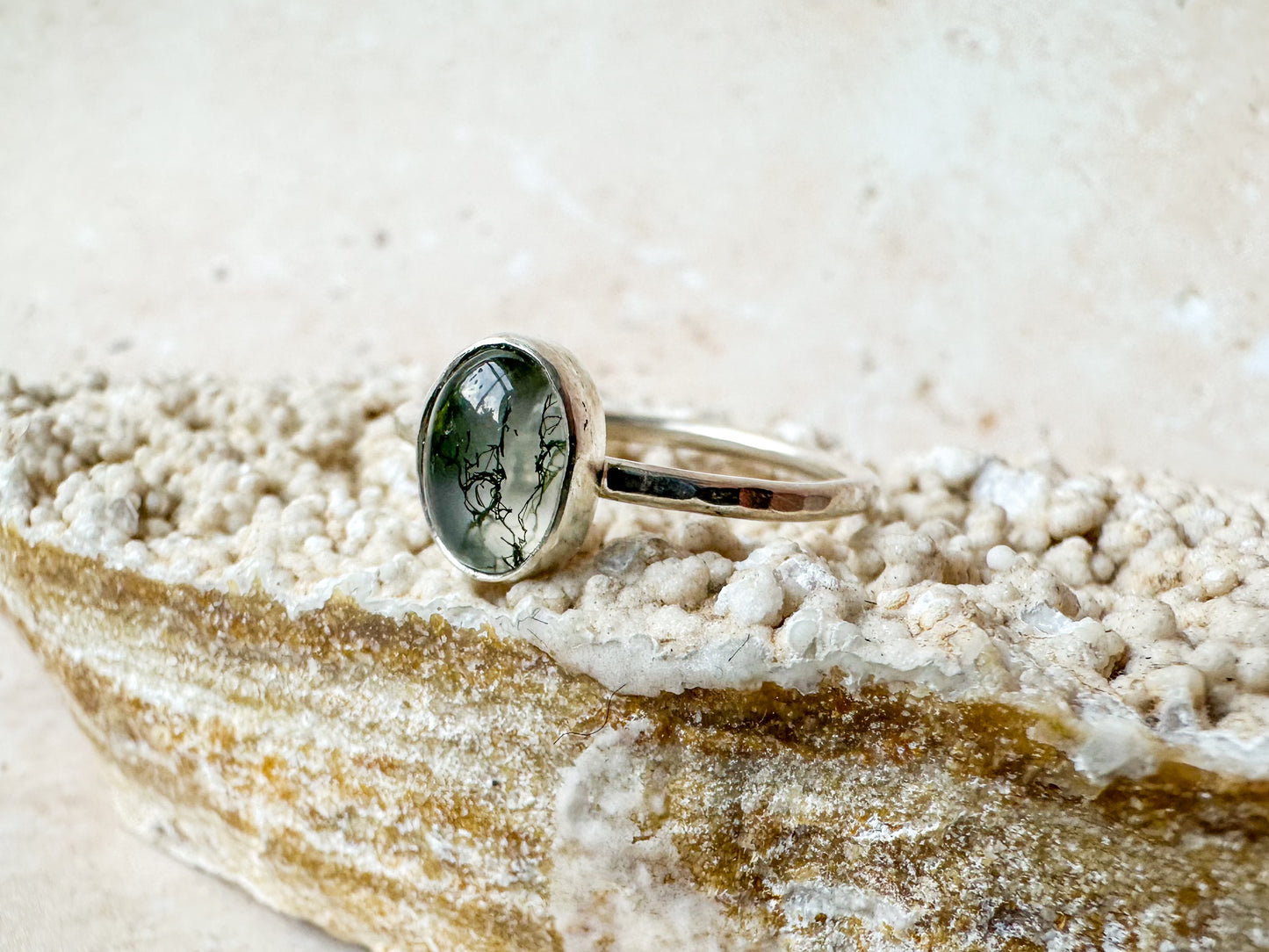 “Sea grass in clear waters” moss agate ring, size R