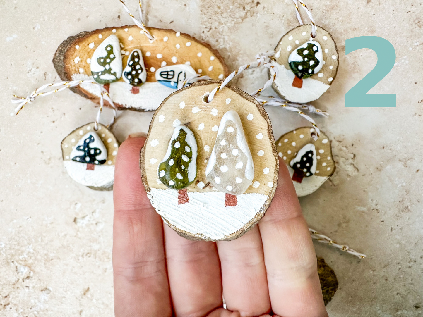 Sea glass and sea pottery wood slice ornaments