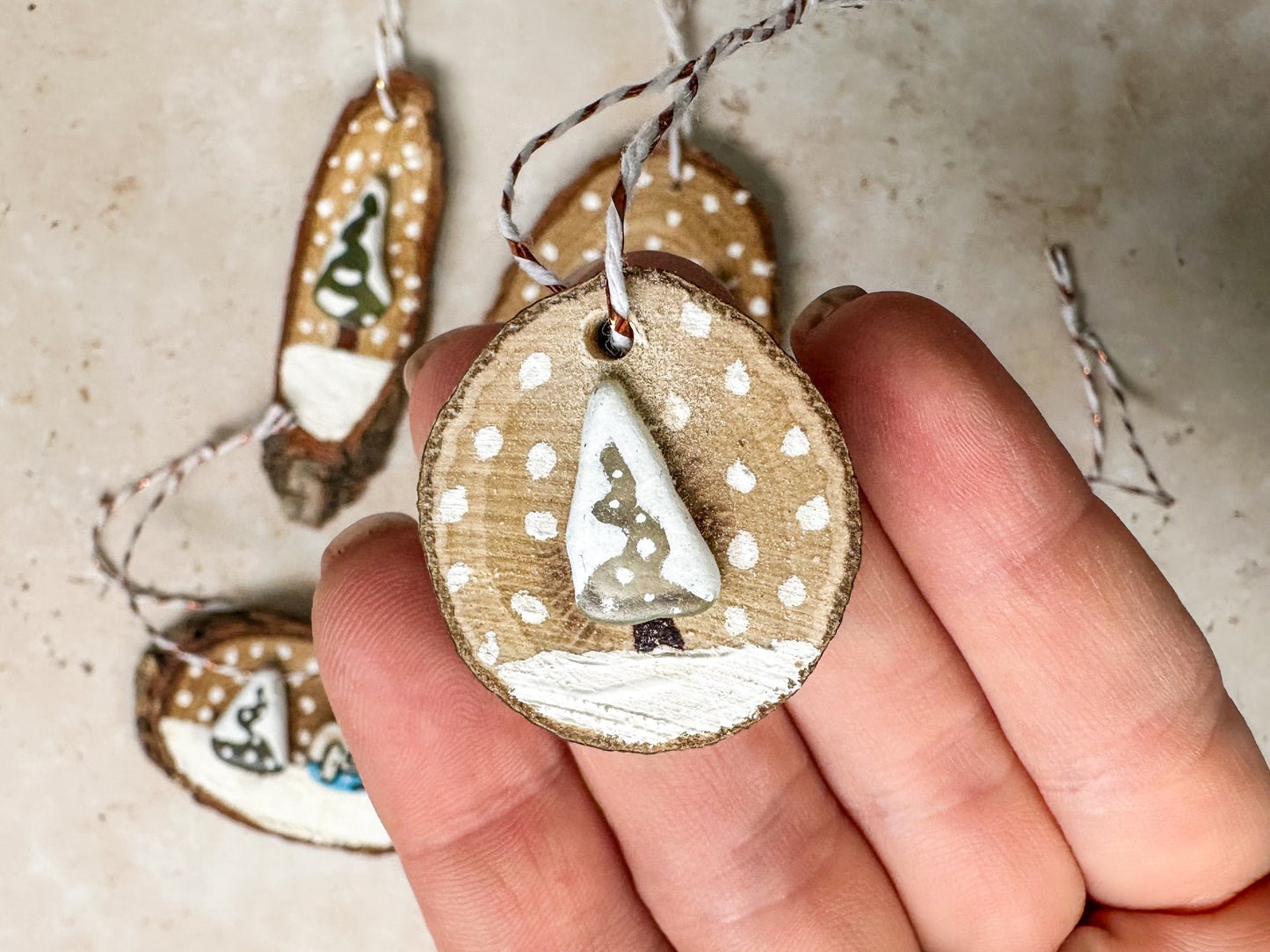 Sea glass and sea pottery wood slice ornaments