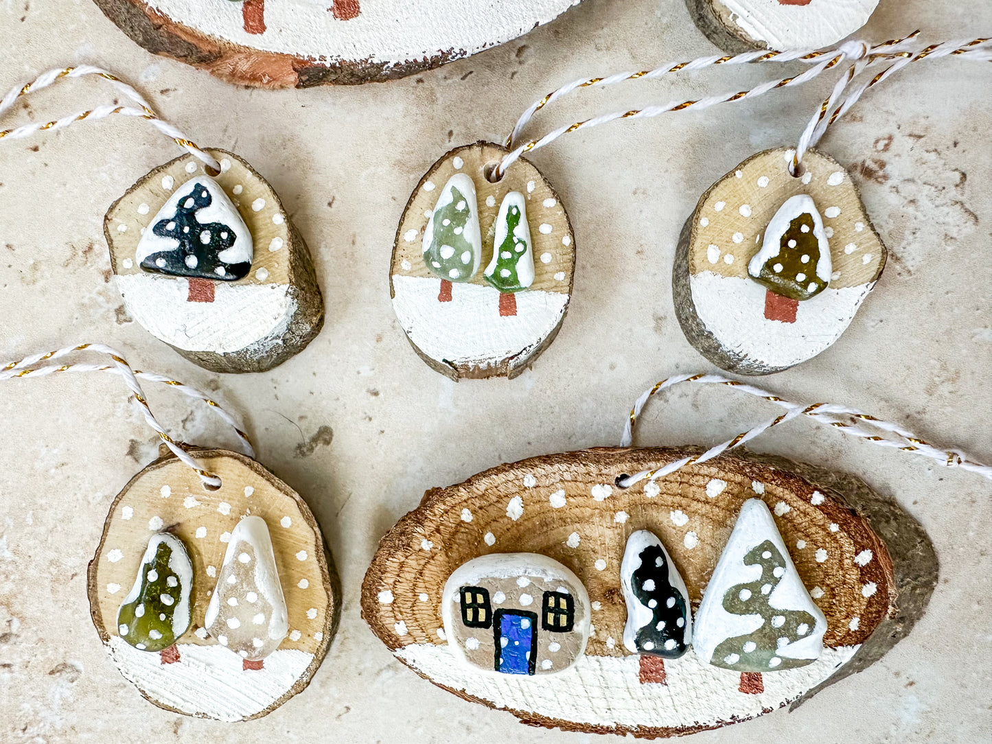 Sea glass and sea pottery wood slice ornaments