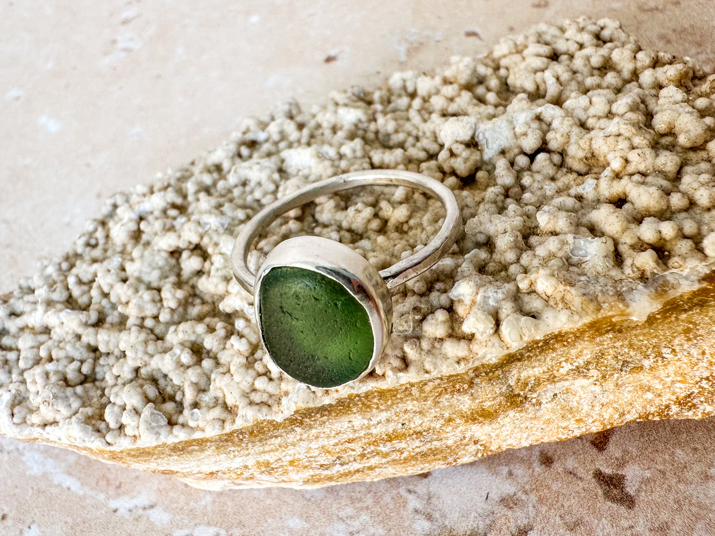 Green sea glass ring size P