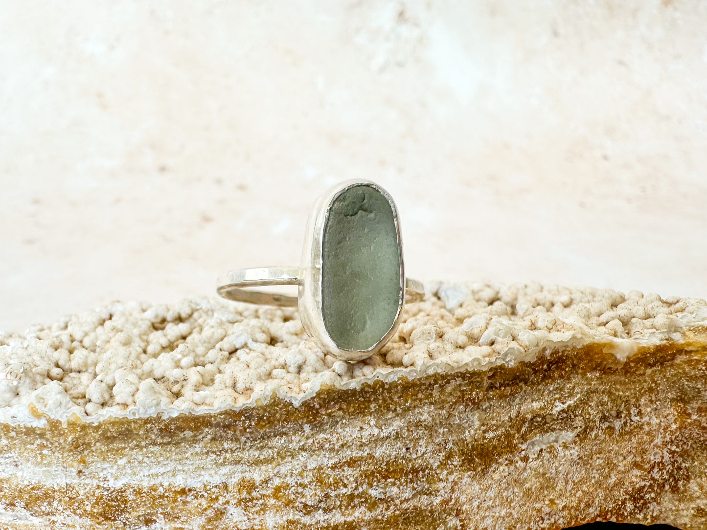 Light grey sea glass ring size P