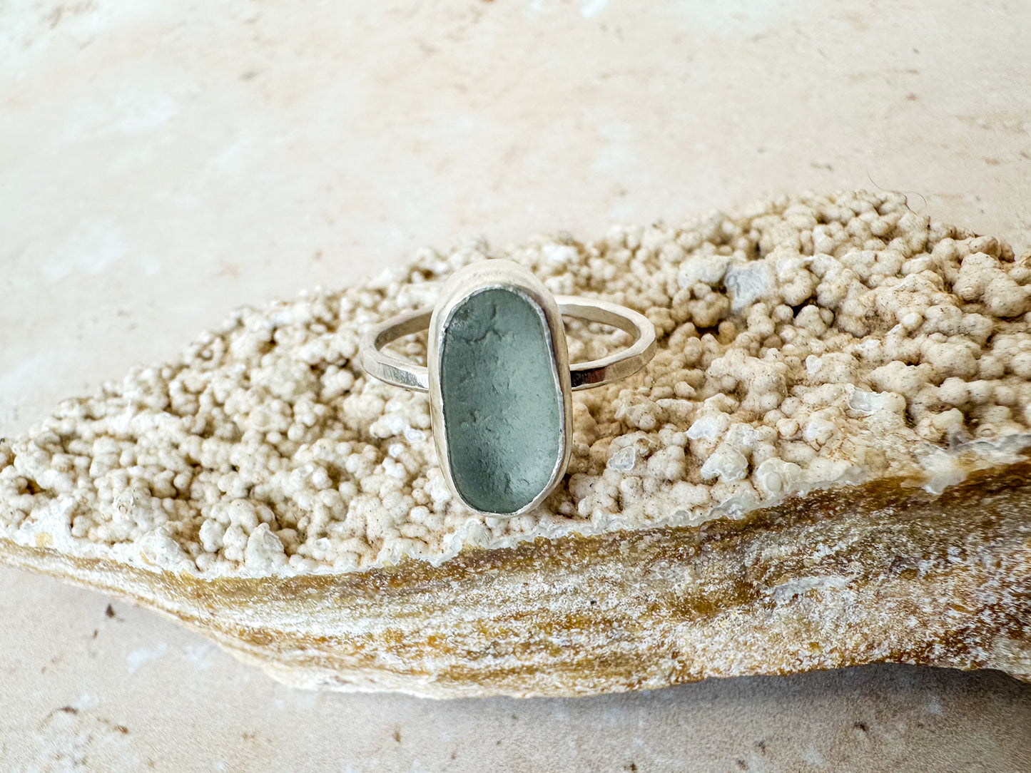 Light grey sea glass ring size P