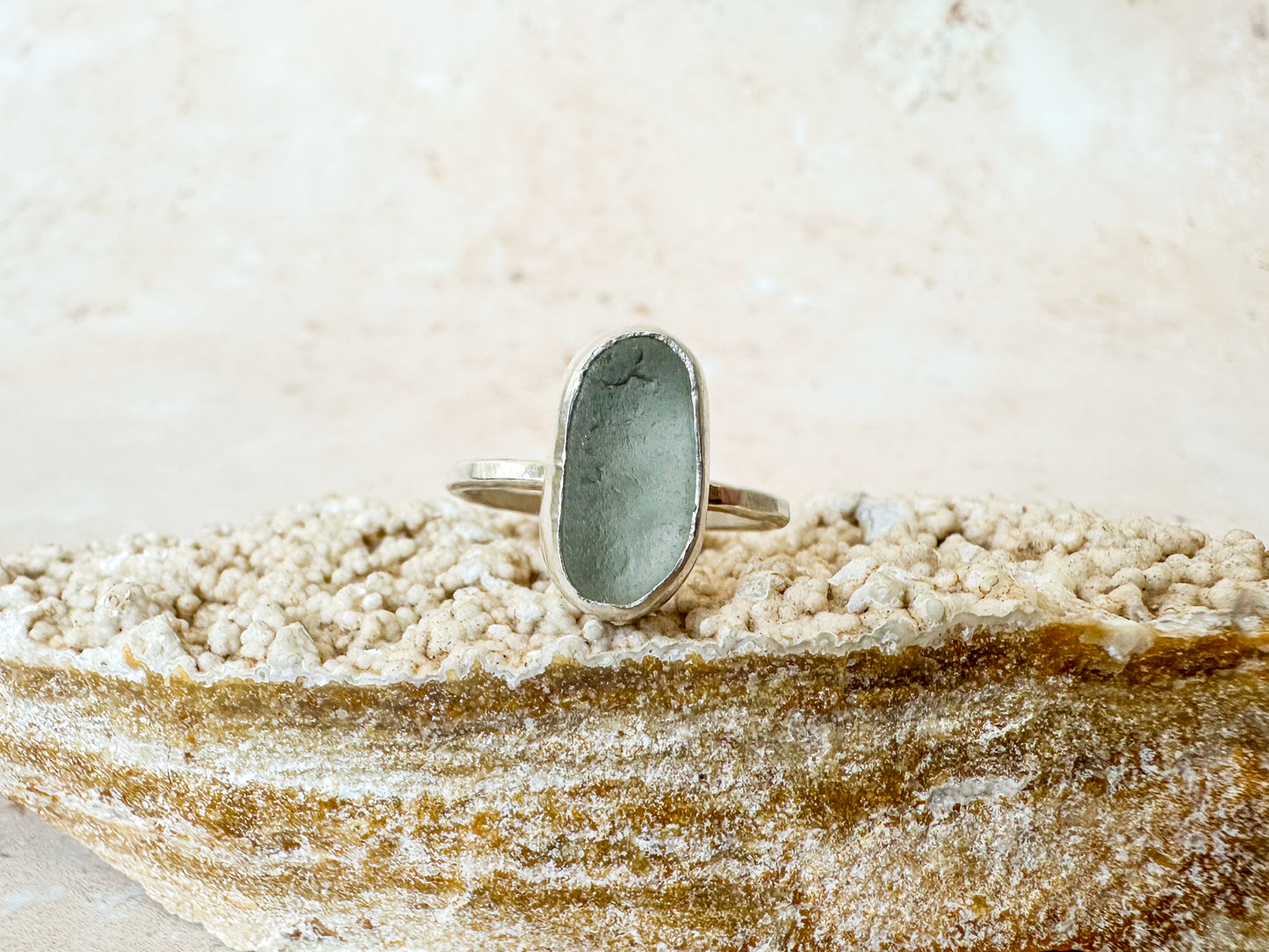 Light grey sea glass ring size P