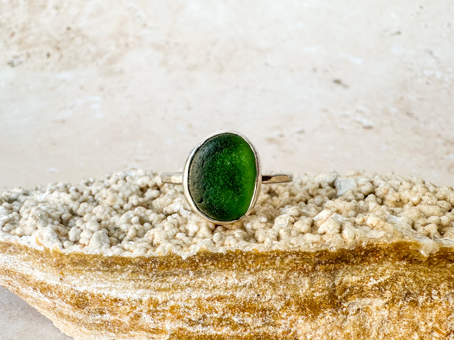 Green sea glass ring size P