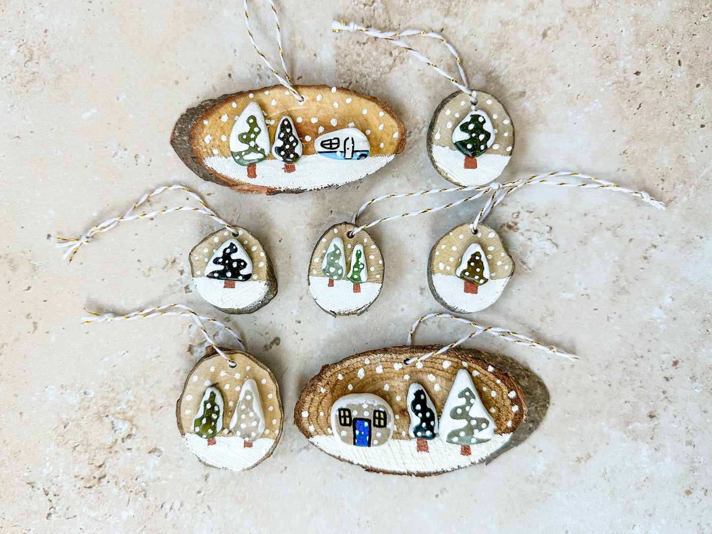Sea glass and sea pottery wood slice ornaments