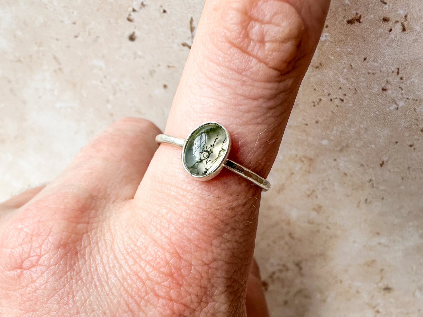 “Sea grass in clear waters” moss agate ring, size R