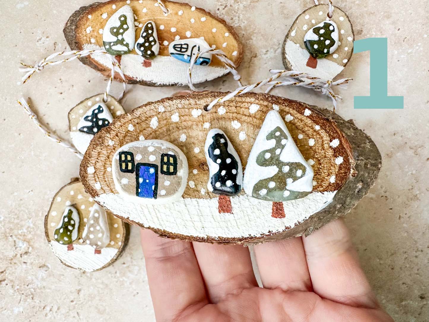 Sea glass and sea pottery wood slice ornaments