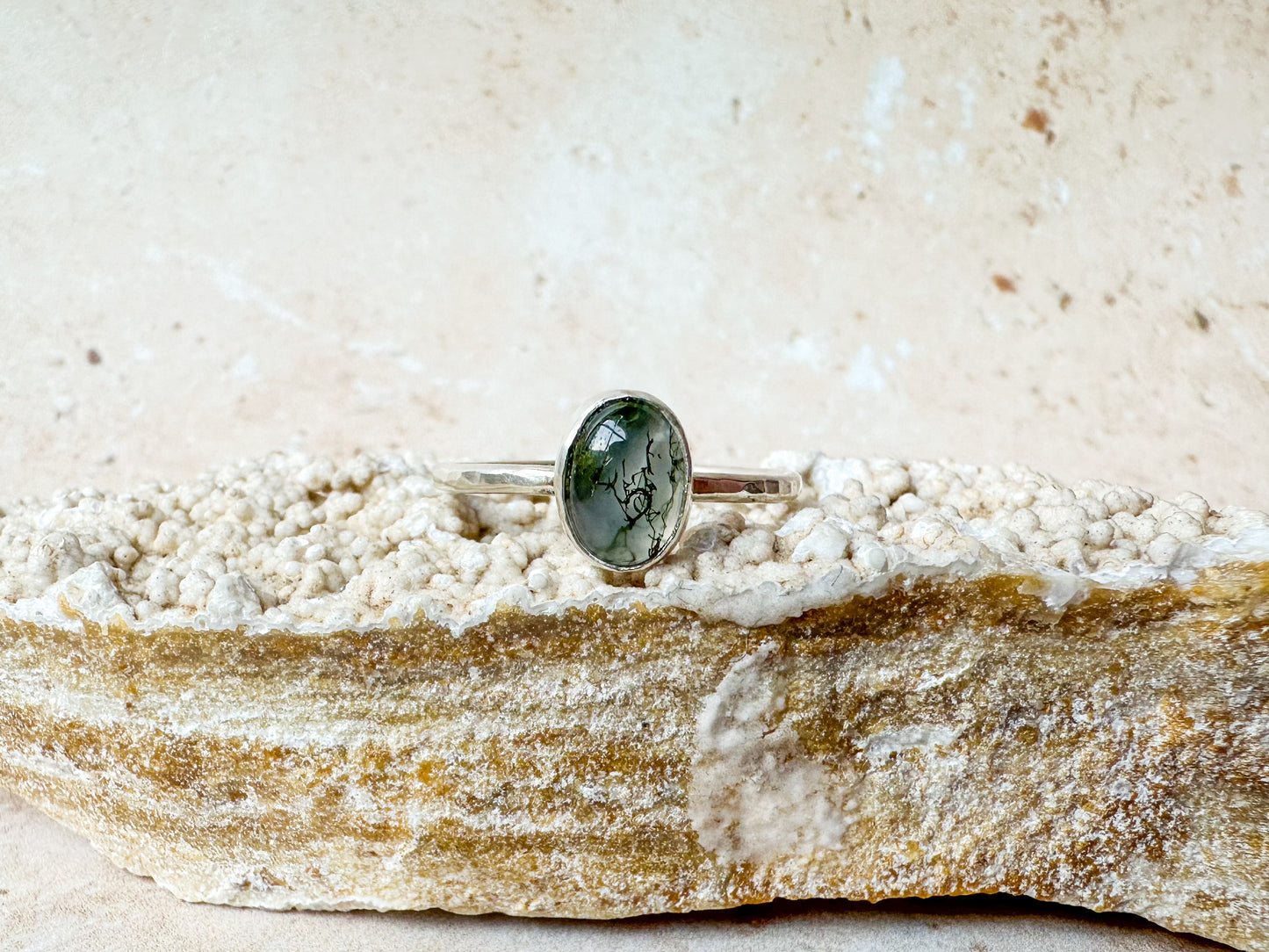 “Sea grass in clear waters” moss agate ring, size R