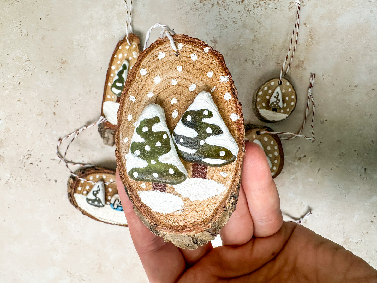 Sea glass and sea pottery wood slice ornaments