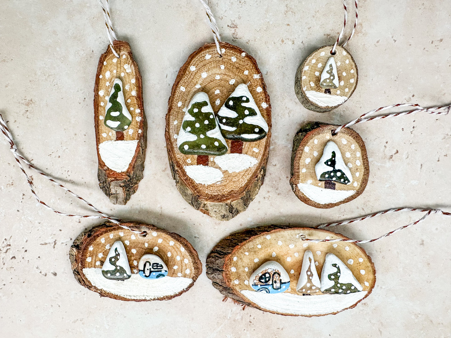 Sea glass and sea pottery wood slice ornaments