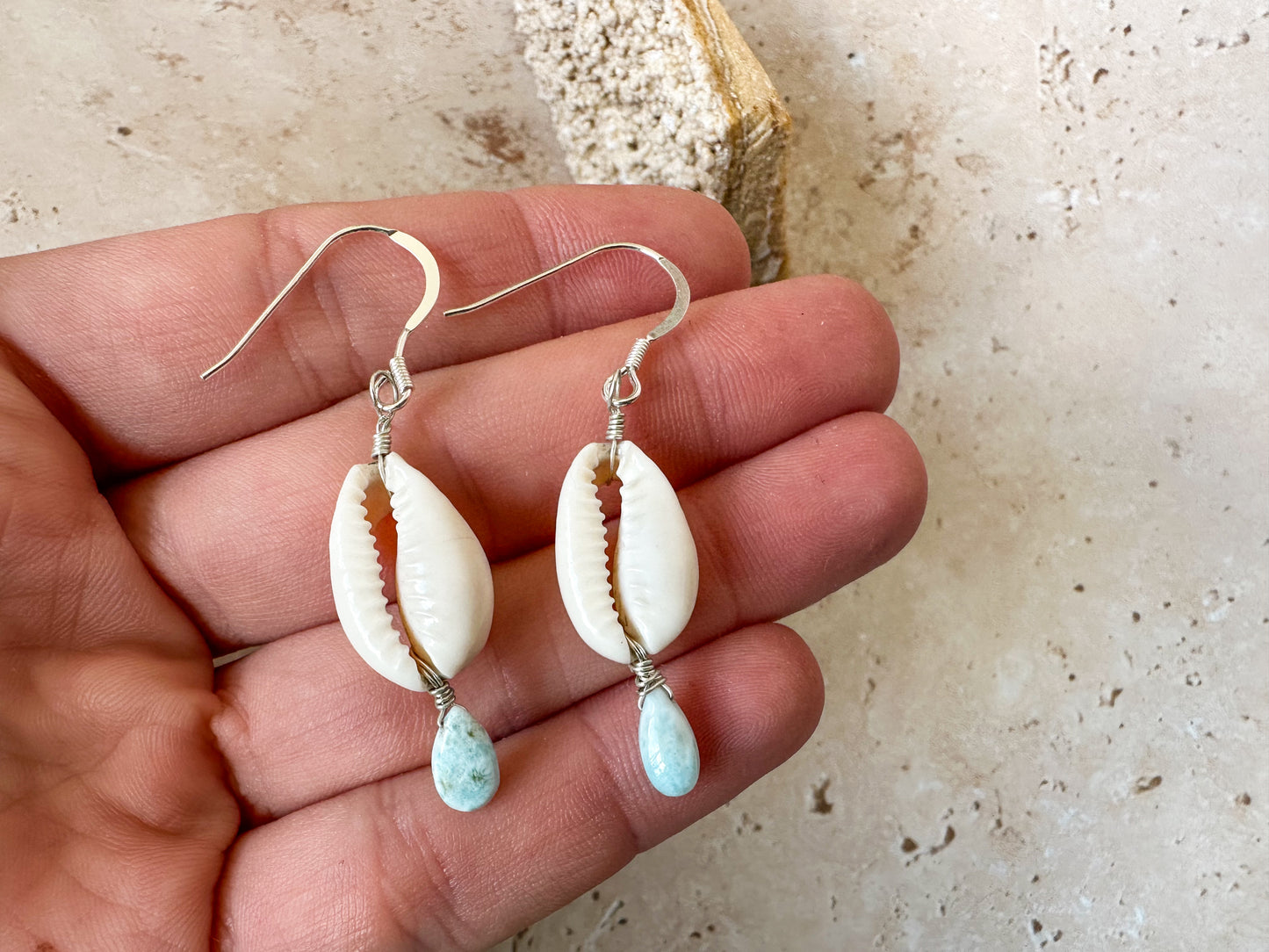 Cowrie sea shell and larimar silver drop earrings