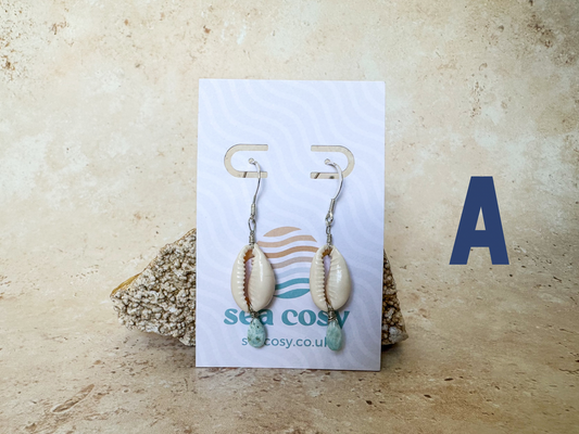 Cowrie sea shell and larimar silver drop earrings