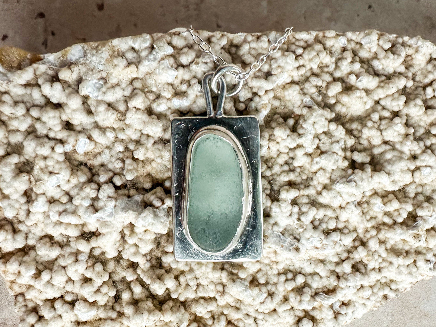 Seafoam sea glass and sterling silver necklace pendant