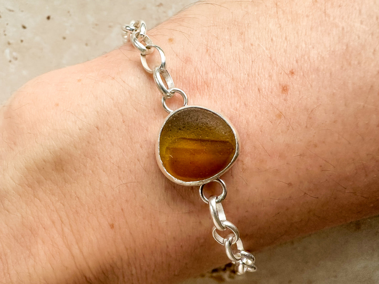 Adjustable Sterling Silver bracelet with rare honey yellow Seaham sea glass