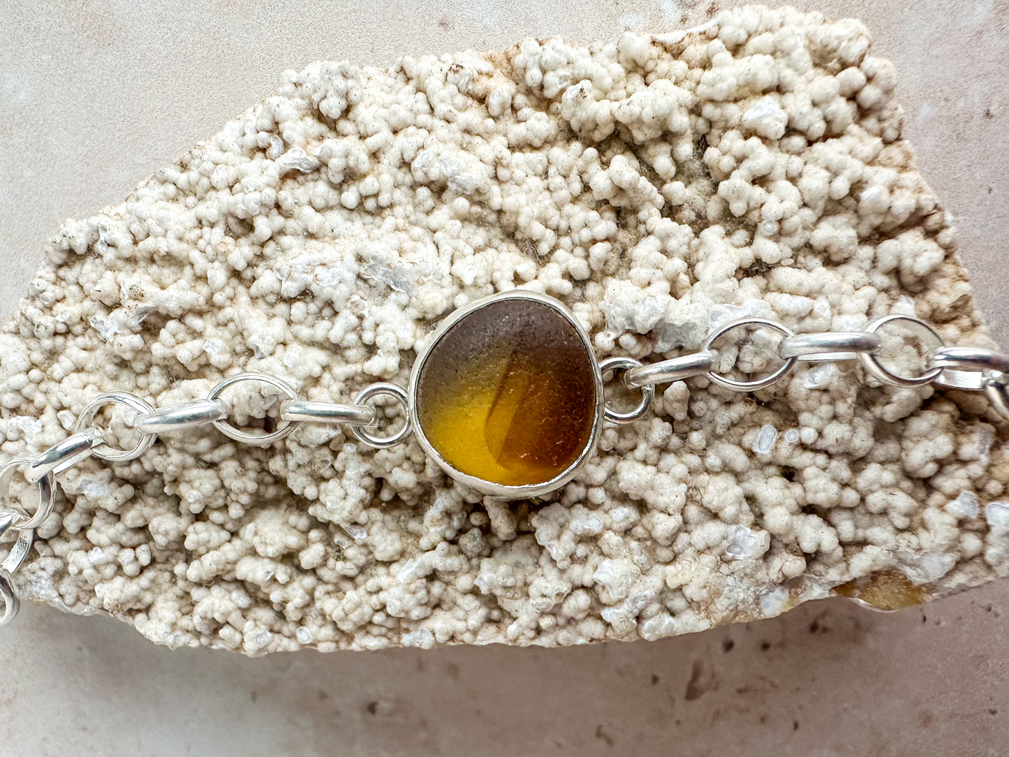 Adjustable Sterling Silver bracelet with rare honey yellow Seaham sea glass
