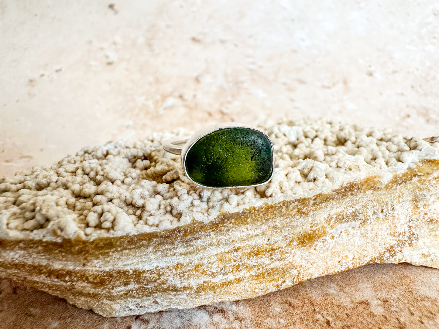 Olive green sea glass and sterling silver ring, size R