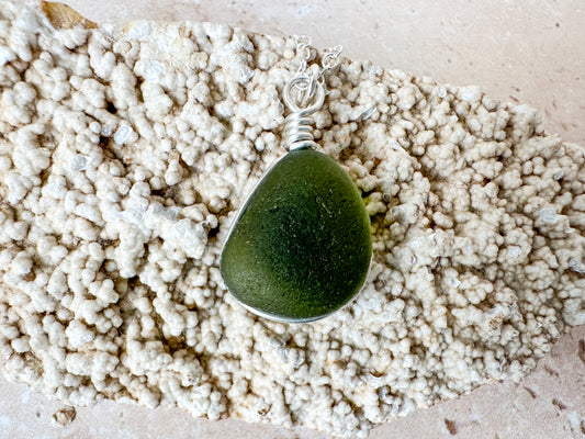 Olive green sea glass necklace pendant