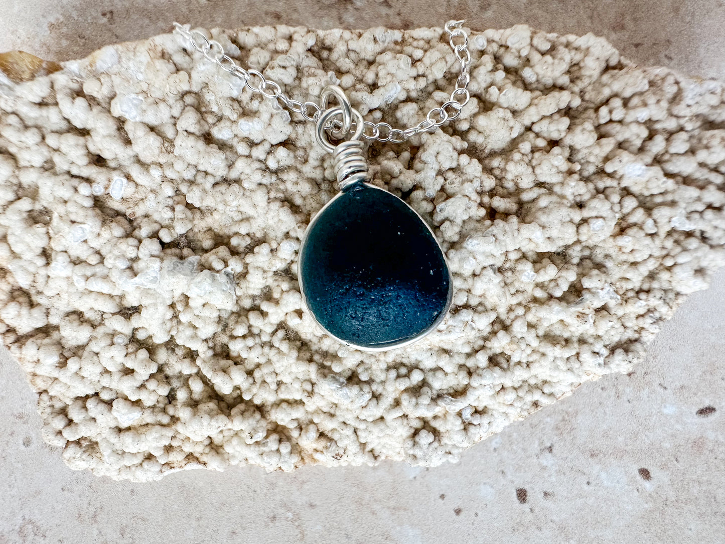 Rare blue multi pirate sea glass necklace pendant