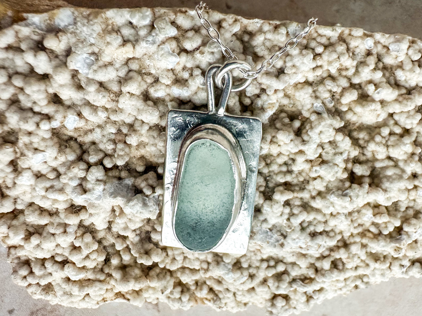 Seafoam sea glass and sterling silver necklace pendant