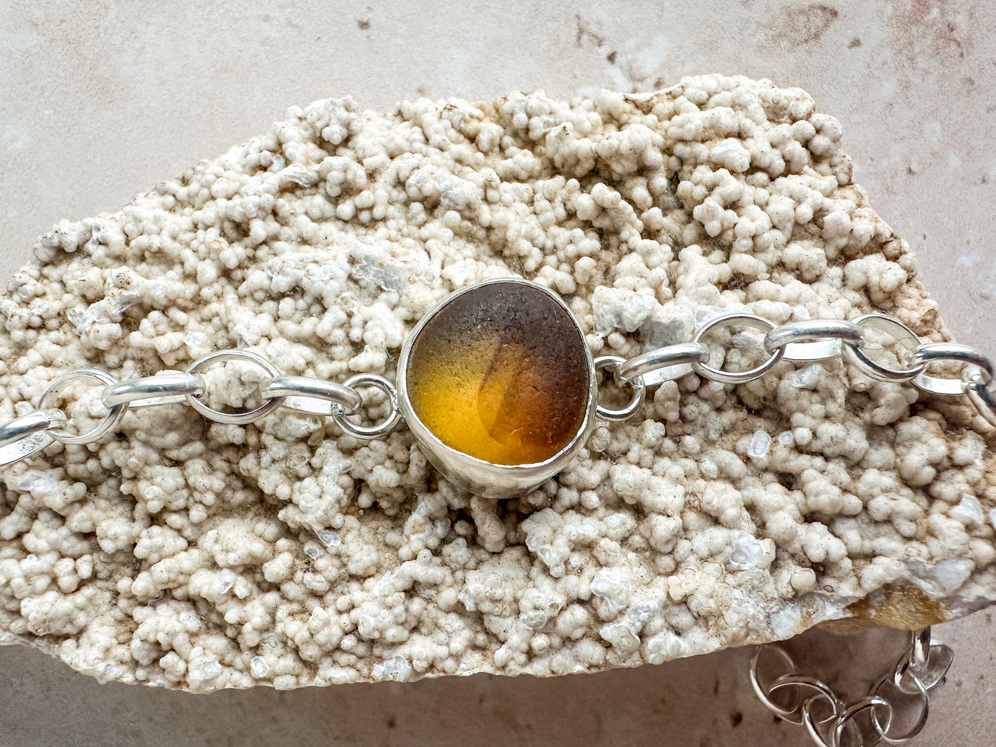 Adjustable Sterling Silver bracelet with rare honey yellow Seaham sea glass