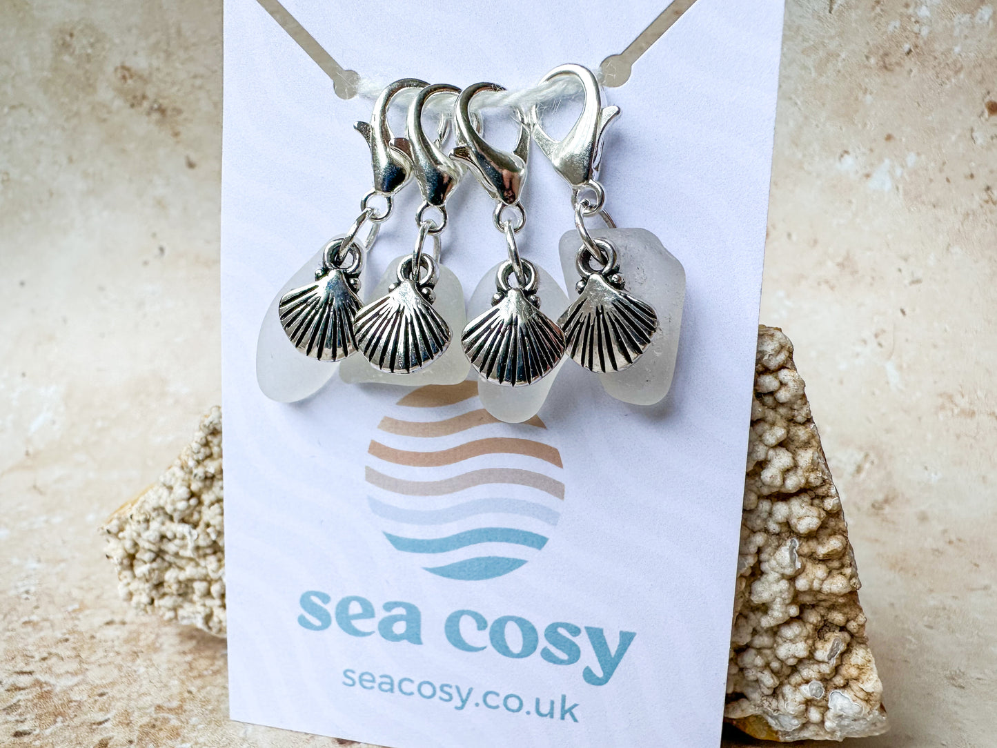 Sea glass and silver sea shell crochet stitch markers