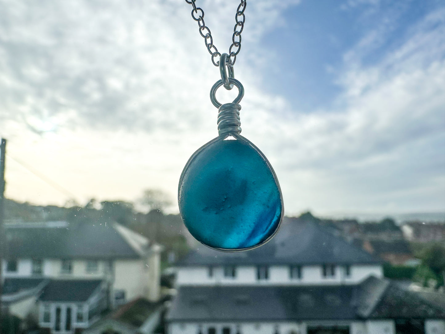 Rare blue multi pirate sea glass necklace pendant