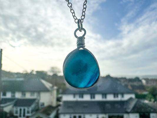 Rare blue multi pirate sea glass necklace pendant
