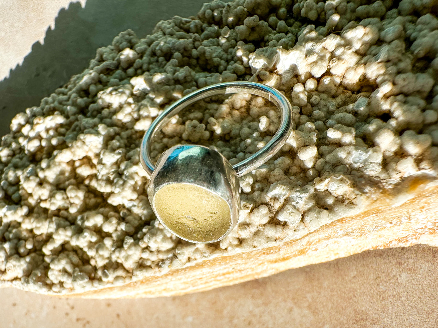 Pale yellow Seaham sea glass and sterling silver ring, size N