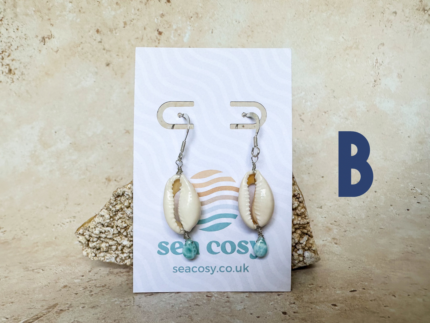 Cowrie sea shell and larimar silver drop earrings