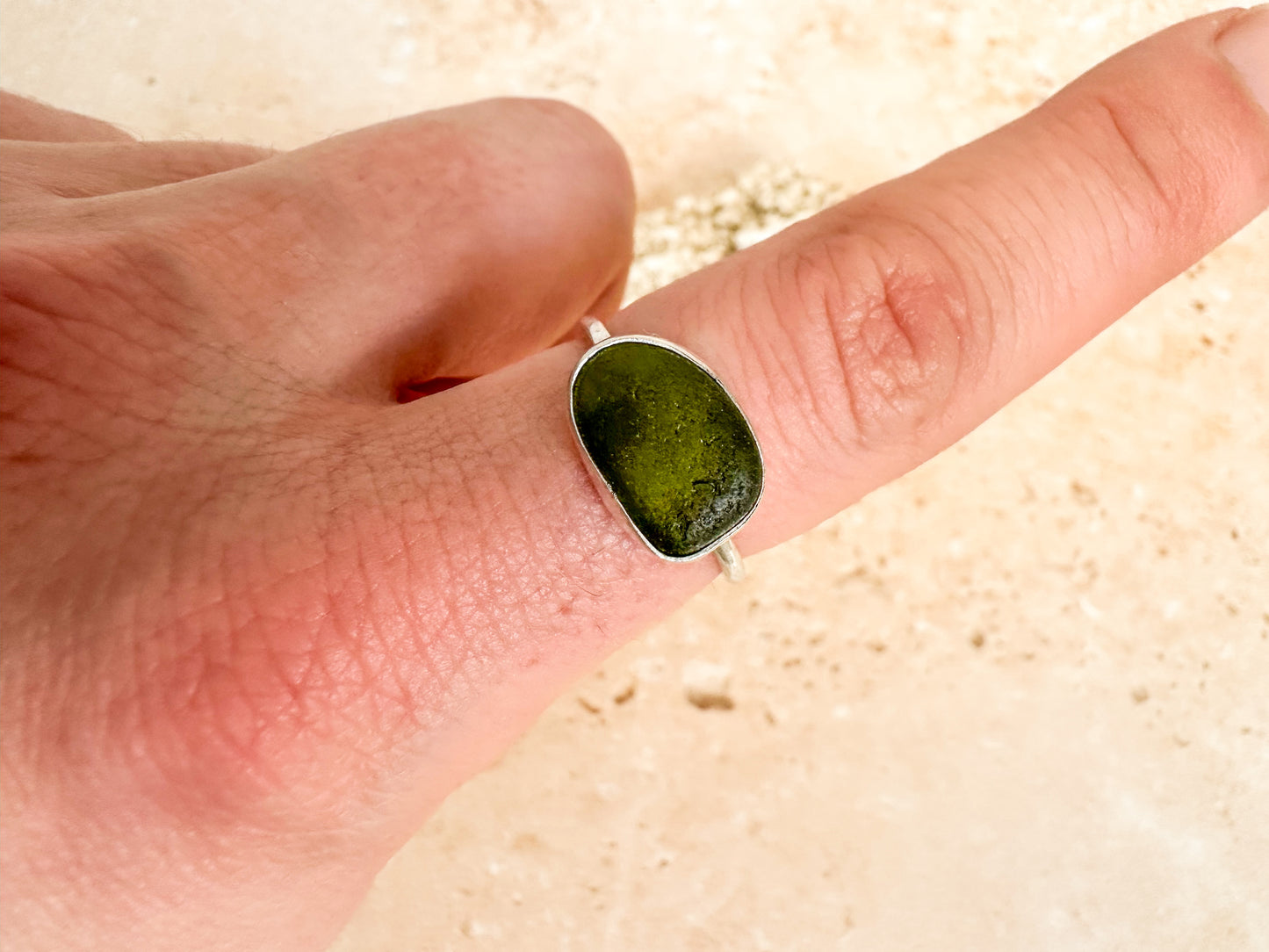 Olive green sea glass and sterling silver ring, size R